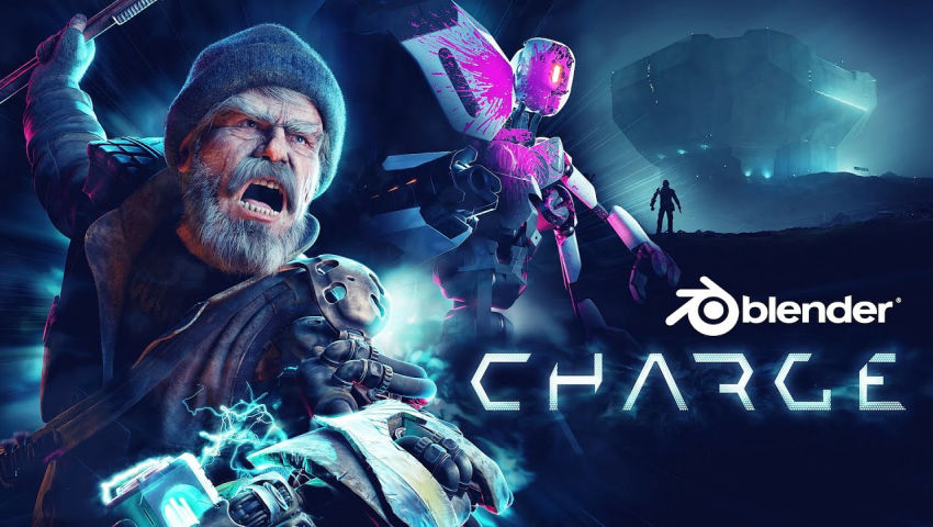 An old man/cyborg charging towards the viewer with a wrench in hand, his other arm is robotic. In the background is a robot with pink paint smears, and behind that again, some ominous looking building.